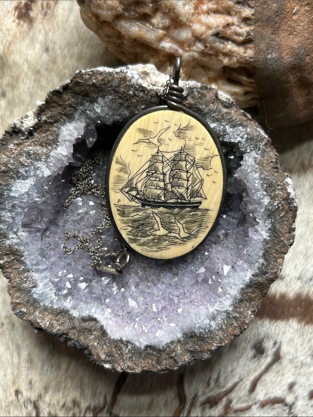 Antique Ivory Ship Scrimshaw Pendant Necklace